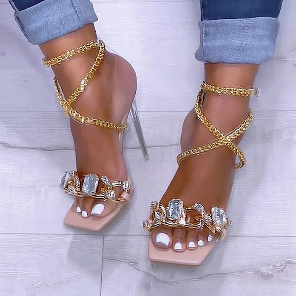 Gold Chain Large Crystal High Heel Sandals